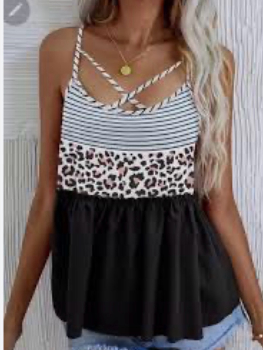 Striped & Leopard Colorblock Spaghetti Tank Top - Black